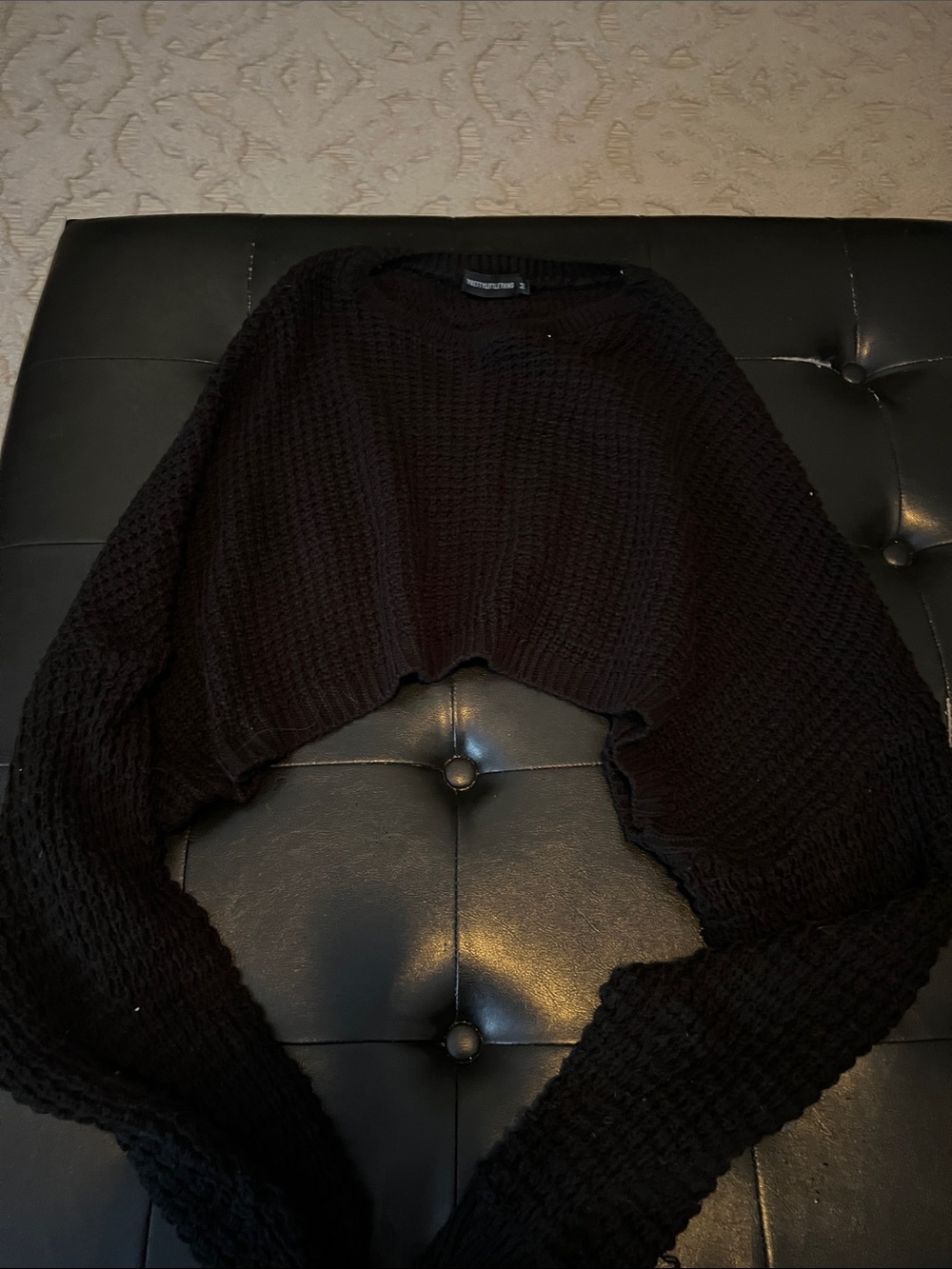 PrettyLittleThing Black Cropped Waffle-Knit Crew Sweater